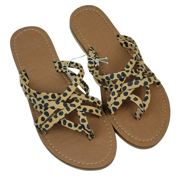 Leopard Print Sandals Womens Sz 5 6 Beige Black Strappy Shoes‎ Animal Cheetah - Picture 1 of 6